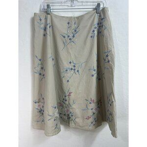 Covington 100% Cotton Beige Lined Midi Skirt Flare Sz 14 Embroidered Front and B